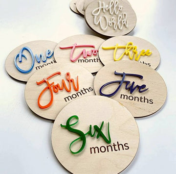 3D VIBRANT acrylic layered wooden baby milestone discs + birth intro plaque